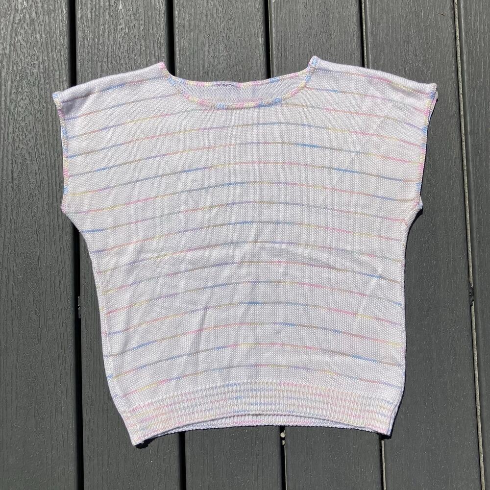 Vintage 80s white cap sleeve sweater with pastel rainbow stripes, twee retro